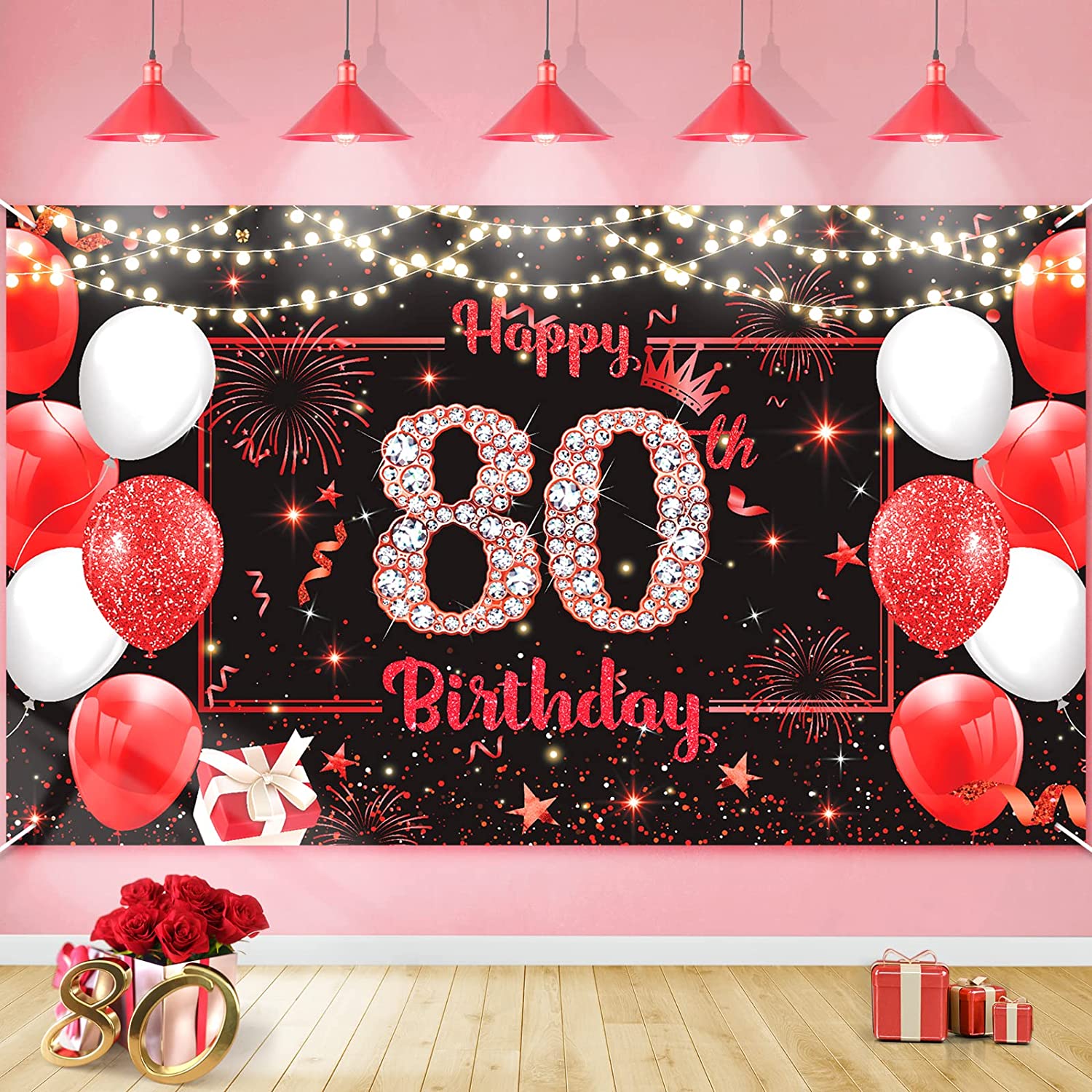 Red Happy 80th Birthday Banner Decorations for Men Women, Large Red Black 80th Birthday Backdrop Cheers to 80 Years Old Birthday Banner